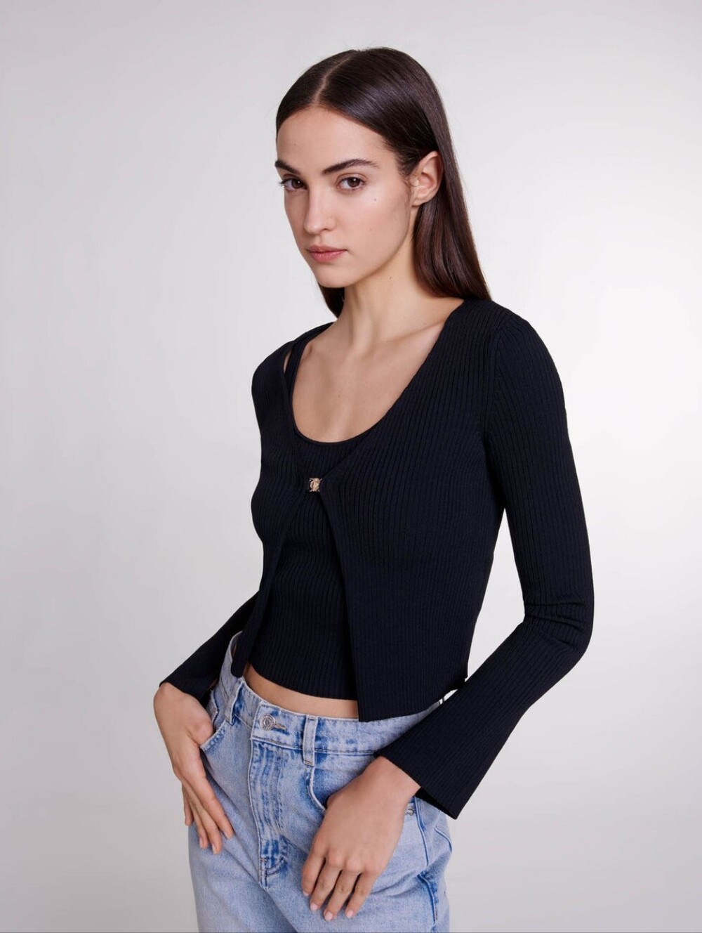 Maje Mimose Stretch Ribbed Cardigan In Black
